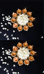 Metal Diya Urli With Flower Shape Tea - Light Holder